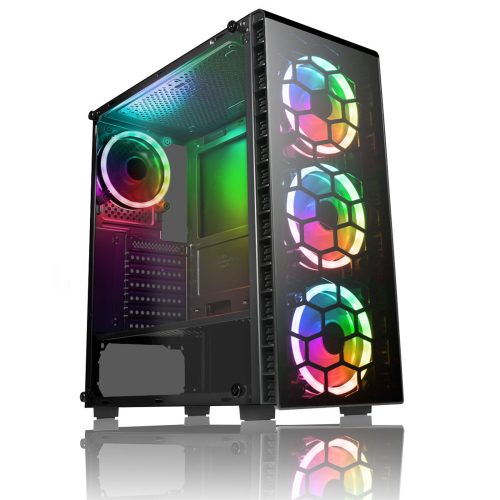 CiT Raider Mid Tower 1 x USB 3.0 / 2 x USB 2.0 Tempered Glass Side & Front Window Panels Black Case with RGB LED Fans